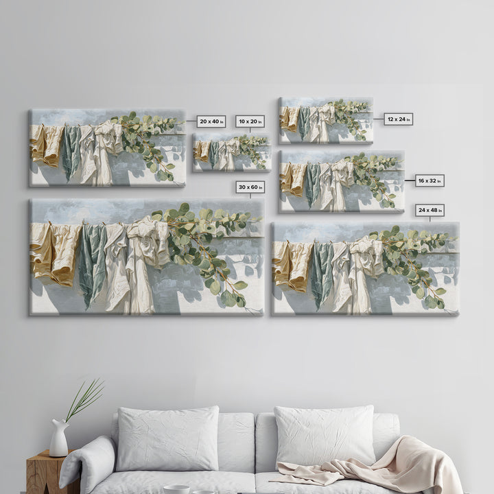 Sunlit White Towels and Eucalyptus Branch Framed Canvas Print, Laundry Room Art, Living Room Decor, Watercolor Art, Clean, LRA-2x1-7
