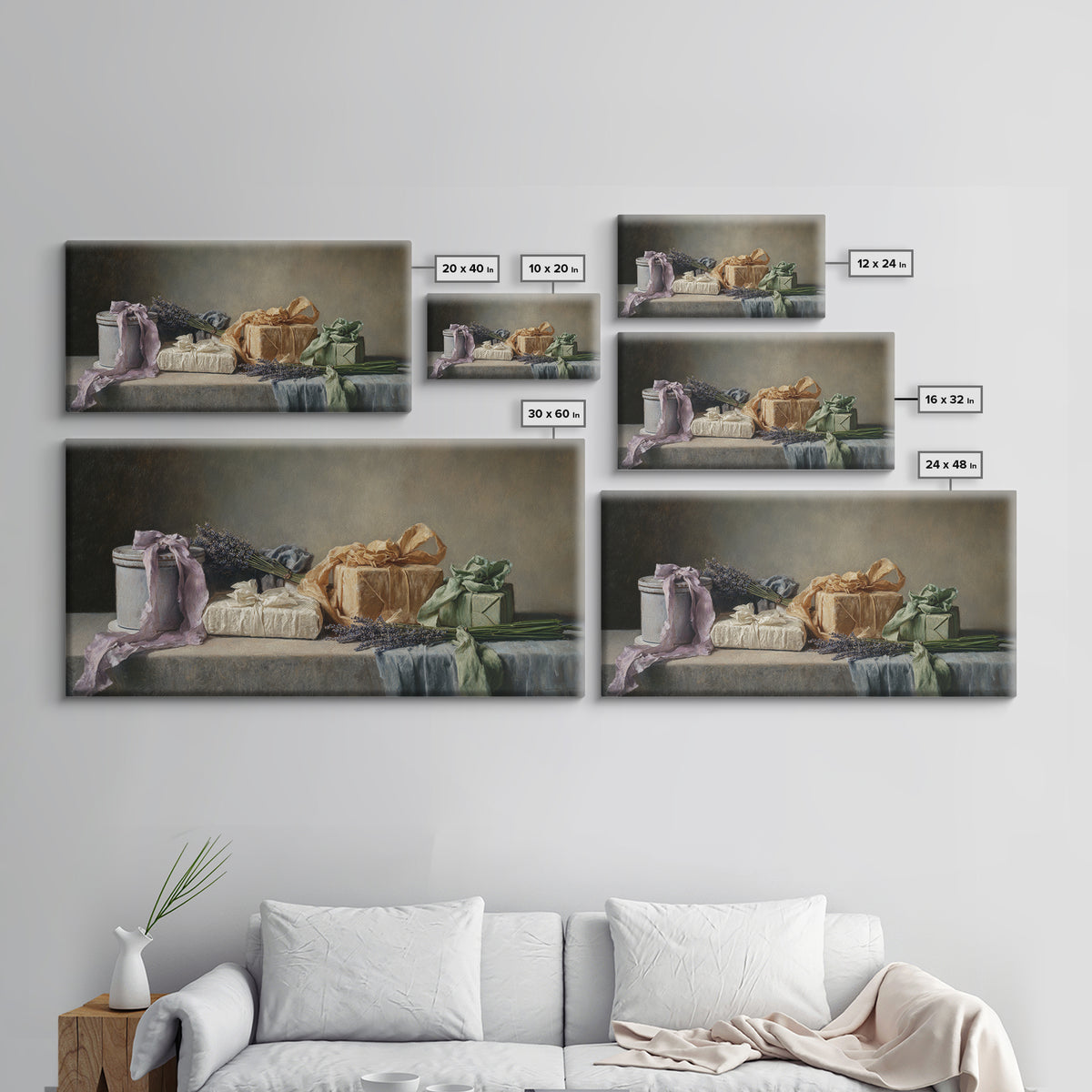 Lavender Sachet and Ribbon Still Life Framed Canvas Print, Laundry Room Art, Printable Art, Living Room Decor, Fine Art, Clean, LRA-2x1-85