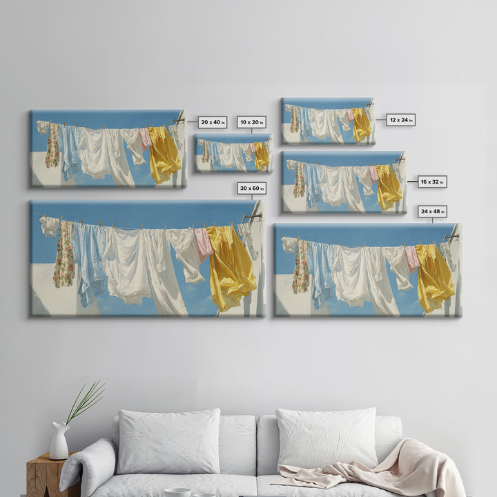 Clothesline with White Linens Blowing in Sunshine Canvas Print, Laundry Room Art, Farmhouse Decor, Living Room Decor, Clean, LRA-2x1-93