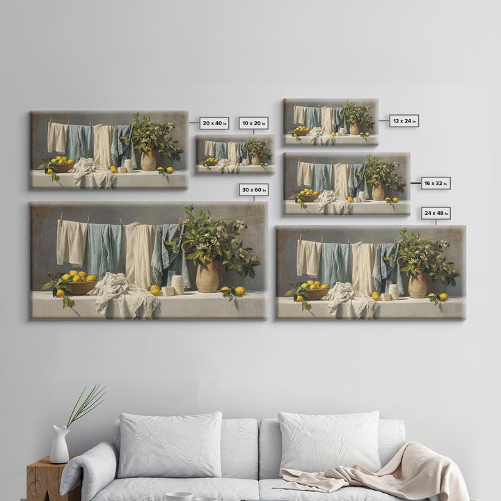 Lemon and Clean Linen Still Life Framed Canvas Print, Laundry Room Art, Digital Art Print, Living Room Decor, Fine Art, Clean, LRA-2x1-95