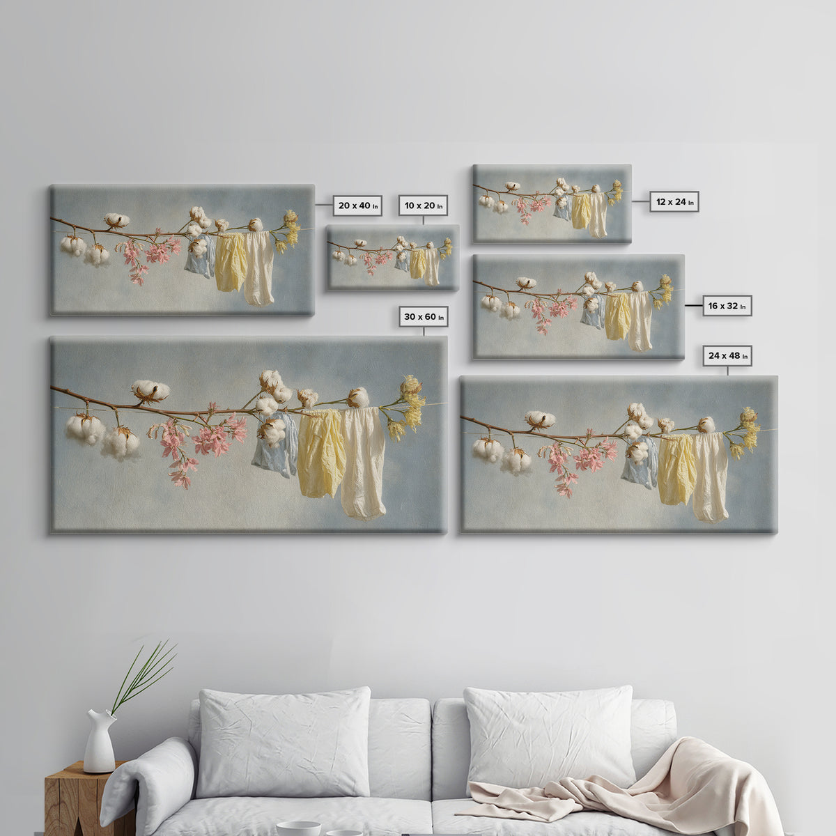 Fresh Cotton Branch Botanical Study Framed Canvas Print, Laundry Room Art, Wall Art Print, Living Room Decor, Watercolor Art, LRA-2x1-99