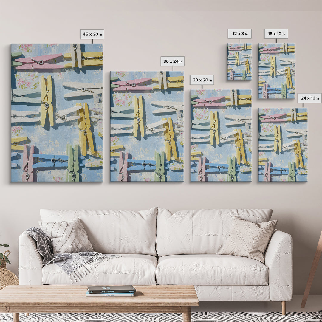 Cheerful Clothespins Arranged as Pattern Framed Canvas Print, Laundry Room Art, Minimalist Decor, Living Room Decor, LRA-2x3-12