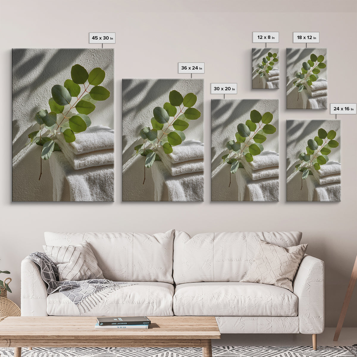 Sunlit White Towels and Eucalyptus Branch Framed Canvas Print, Laundry Room Art, Neutral Decor, Living Room Decor, LRA-2x3-19