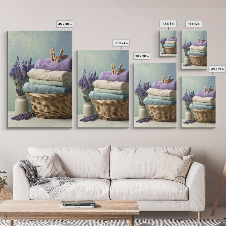 Basket of Folded Towels Framed Canvas Print, Laundry Room Art, Textured Painting, Living Room Decor, Fine Art, Clean, LRA-2x3-22
