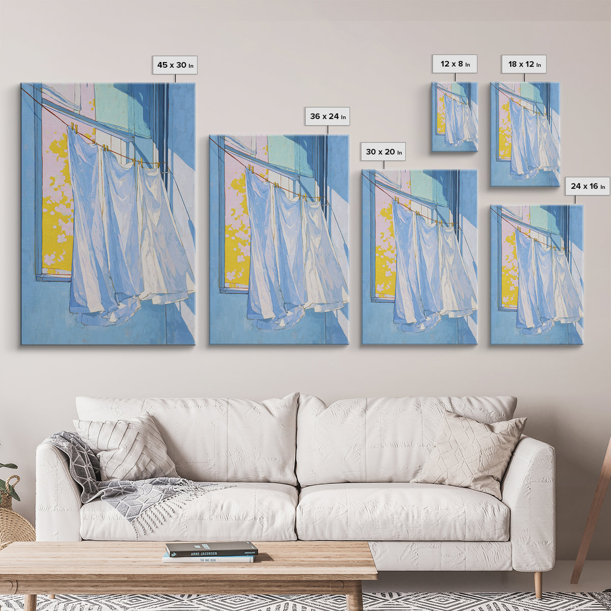 Simple Line Drawing of Hanging Laundry Framed Canvas Print, Laundry Room Art, Living Room Decor, Abstract Art, Clean, LRA-2x3-24