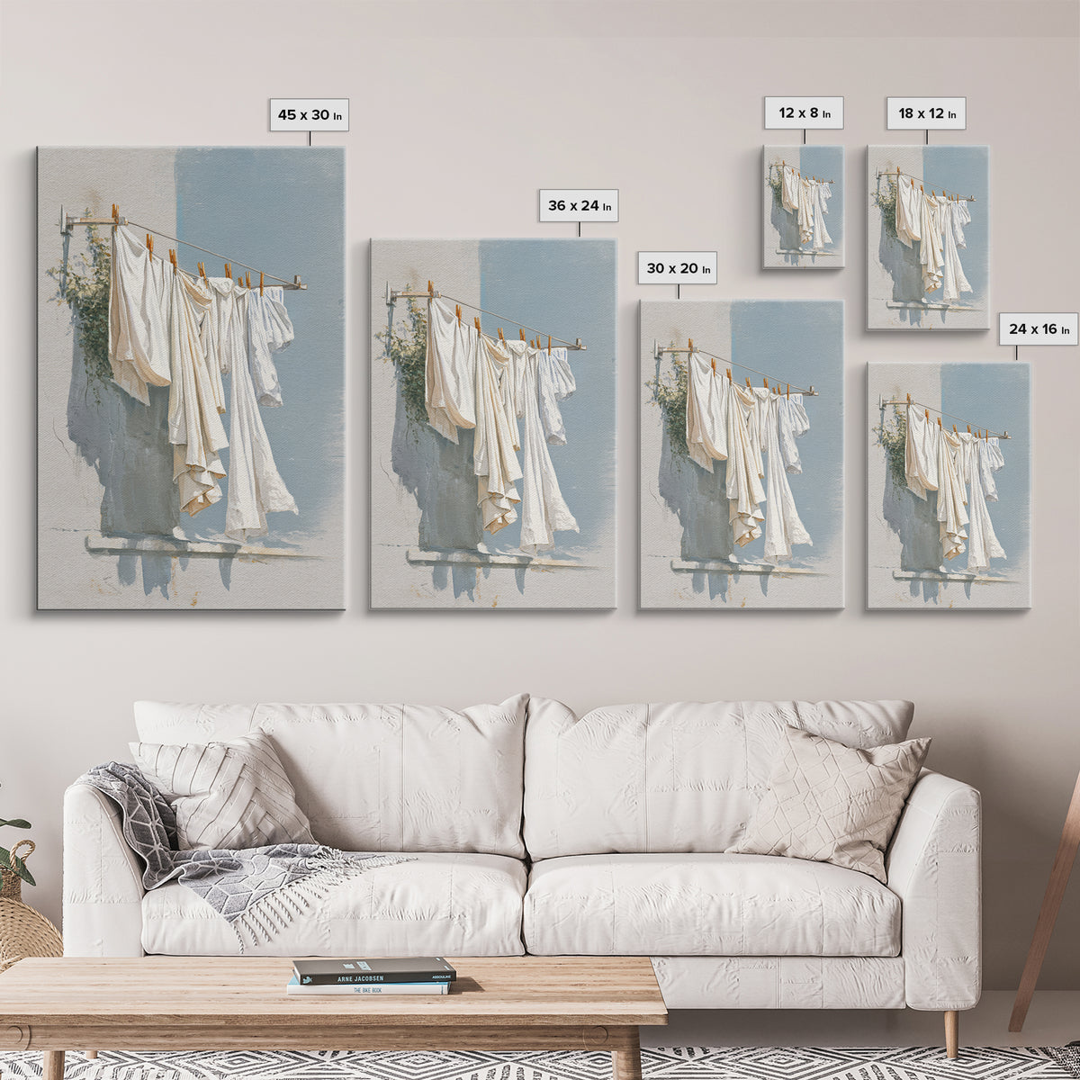 Clothesline with White Linens Blowing in Sunshine Canvas Print, Laundry Room Art, Digital Print, Living Room Decor, Clean, LRA-2x3-33