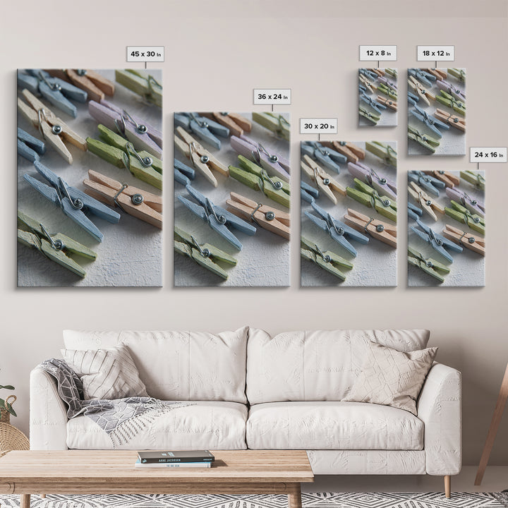 Cheerful Clothespins Arranged as Pattern Canvas Print, Laundry Room Art, Farmhouse Wall Art, Living Room Decor, Clean, LRA-2x3-36