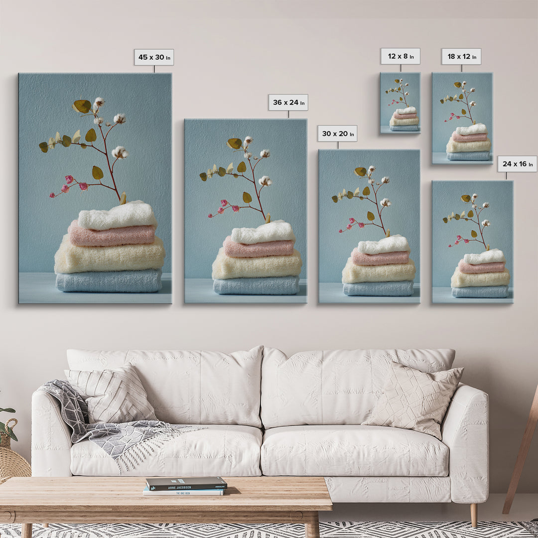 Sunlit White Towels and Eucalyptus Branch Framed Canvas Print, Laundry Room Art, Contemporary Art, Living Room Decor, Clean, LRA-2x3-43