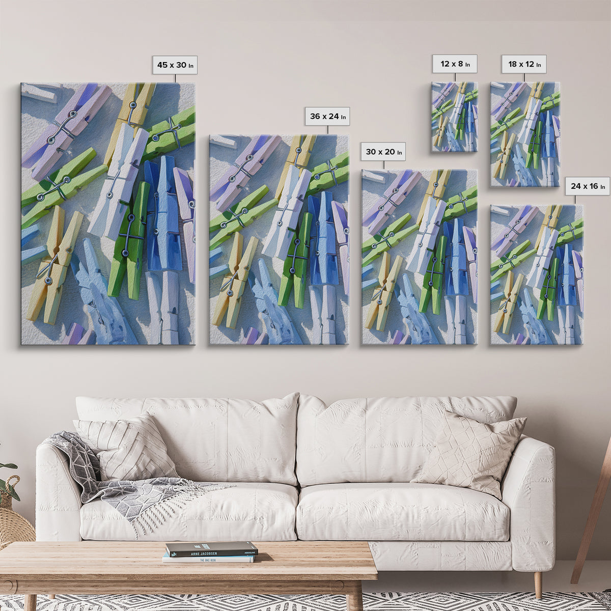 Cheerful Clothespins Arranged as Pattern Framed Canvas Print, Laundry Room Art, Home Decor, Living Room Decor, Fine Art, Clean, LRA-2x3-60
