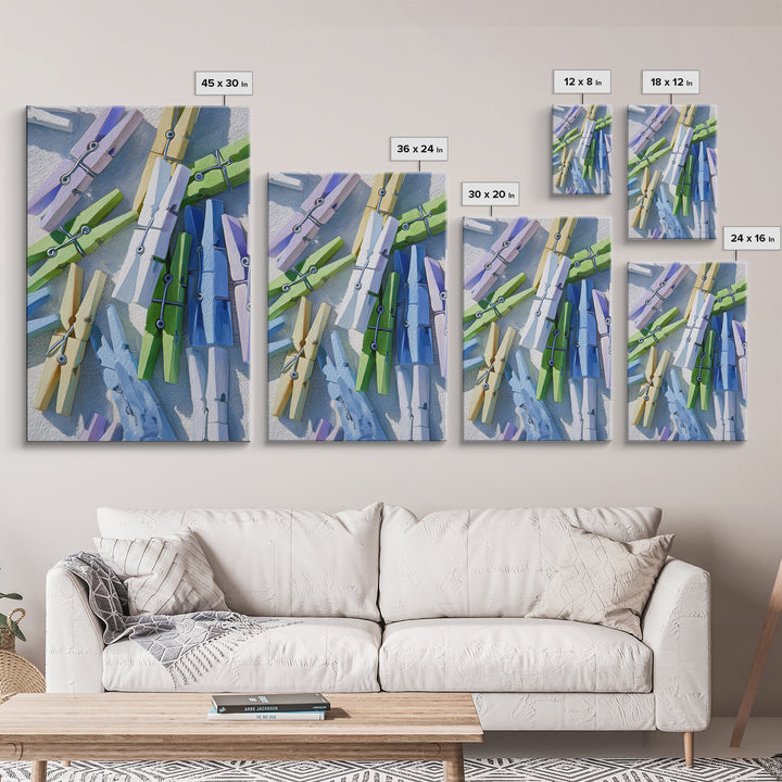 Cheerful Clothespins Arranged as Pattern Framed Canvas Print, Laundry Room Art, Home Decor, Living Room Decor, Fine Art, Clean, LRA-2x3-60