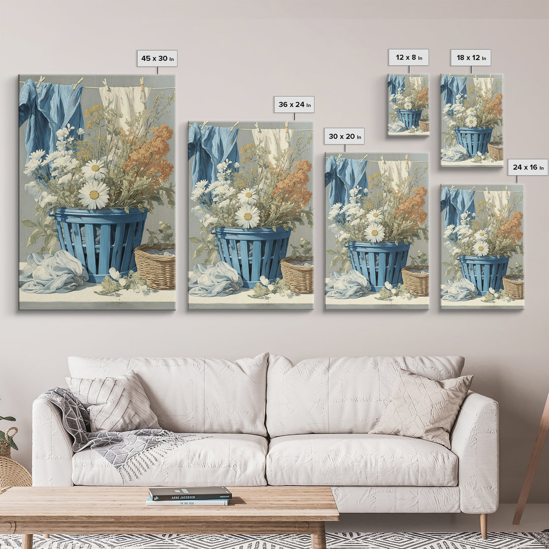 Blue Laundry Basket Canvas Print, Laundry Room Art, New Home Gift, Living Room Decor, Fine Art, Clean, Farmhouse Wall Art, LRA-2x3-61
