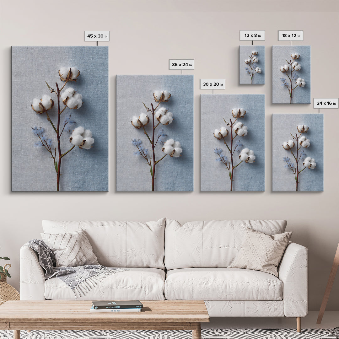 Fresh Cotton Branch Botanical Study Framed Canvas Print, Laundry Room Art, Printable Wall Art, Living Room Decor, Clean, LRA-2x3-63