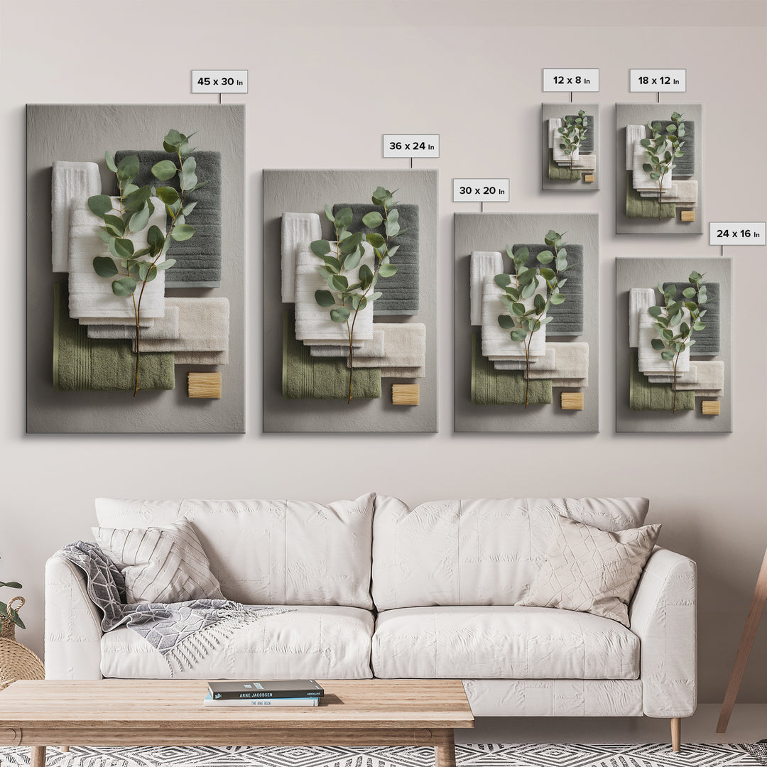 Sunlit White Towels and Eucalyptus Branch Canvas Print, Laundry Room Art, Oil Painting, Living Room Decor, Fine Art, Clean, LRA-2x3-67