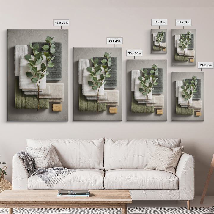 Sunlit White Towels and Eucalyptus Branch Canvas Print, Laundry Room Art, Oil Painting, Living Room Decor, Fine Art, Clean, LRA-2x3-67