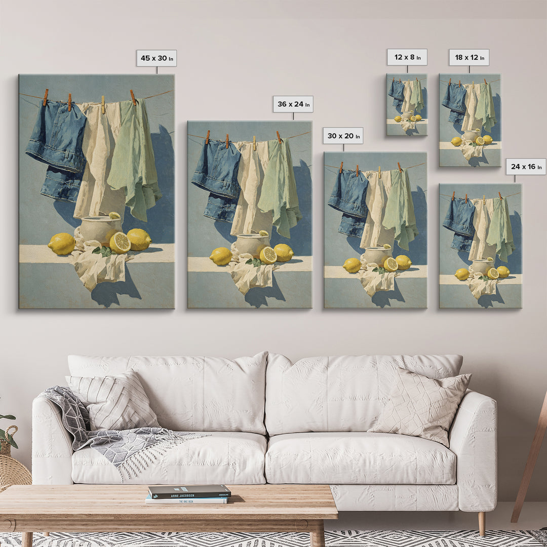 Lemon and Clean Linen Still Life Framed Canvas Print, Laundry Room Art, Wall Art Print, Living Room Decor, Fine Art, Clean, LRA-2x3-83