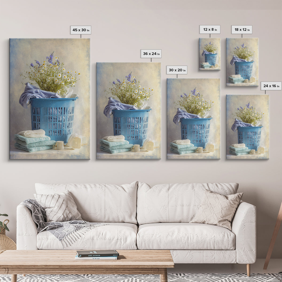 Blue Laundry Basket Framed Canvas Print, Laundry Room Art, Wall Art Print, Living Room Decor, Oil Painting, Clean, LRA-2x3-85