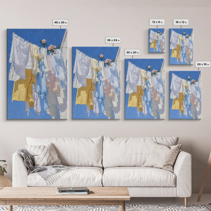 Clothesline with White Linens Blowing in Sunshine Canvas Print, Laundry Room Art, Living Room Decor, Abstract Art, Clean, LRA-2x3-9