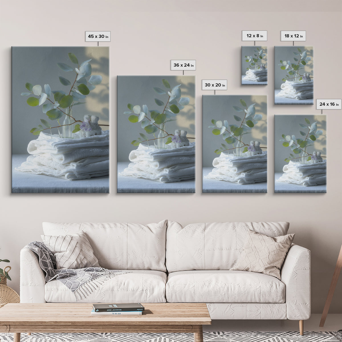 Sunlit White Towels and Eucalyptus Branch Canvas Print, Laundry Room Art, Retro Wall Art, Living Room Decor, Watercolor Art, LRA-2x3-91