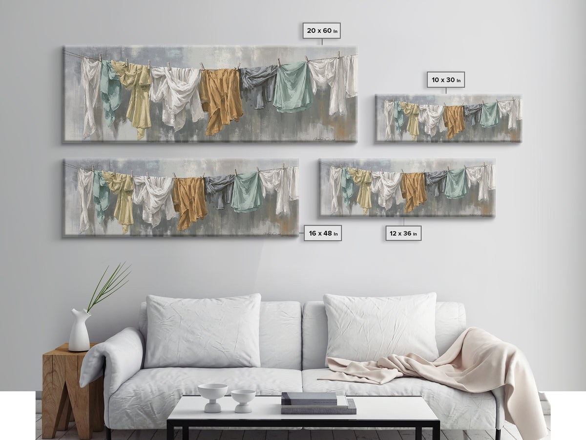 Clothesline with White Linens Blowing in Sunshine Canvas Print, Laundry Room Art, Farmhouse Wall Decor, Living Room Decor, LRA-3x1-17