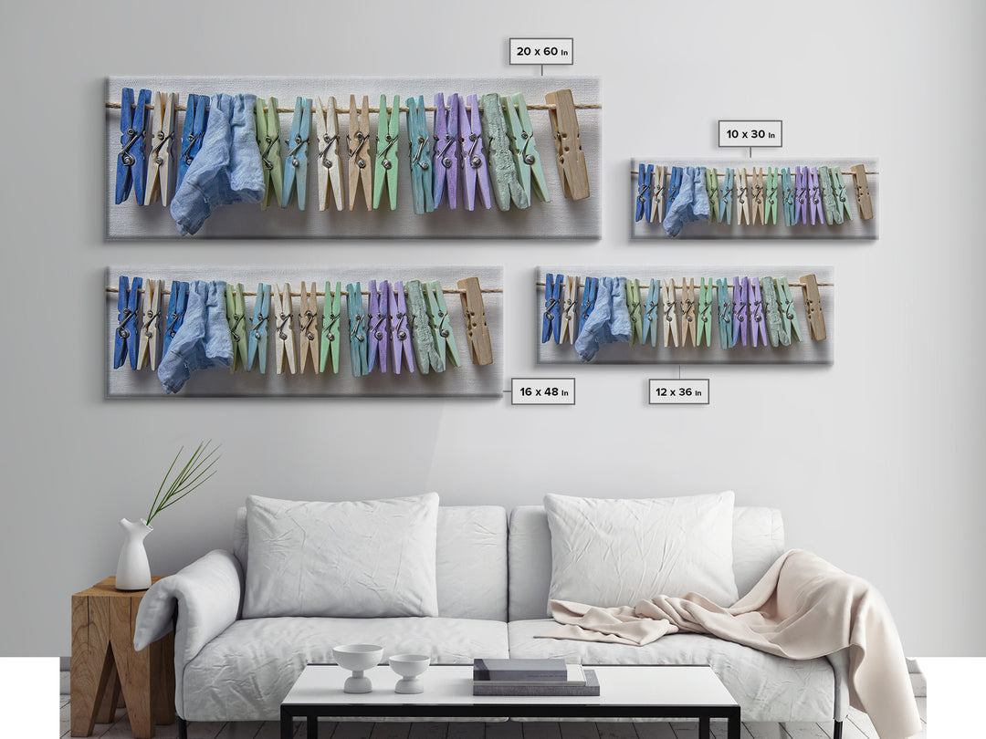 Cheerful Clothespins Arranged as Pattern Framed Canvas Print, Laundry Room Art, Neutral Decor, Living Room Decor, Clean, LRA-3x1-44