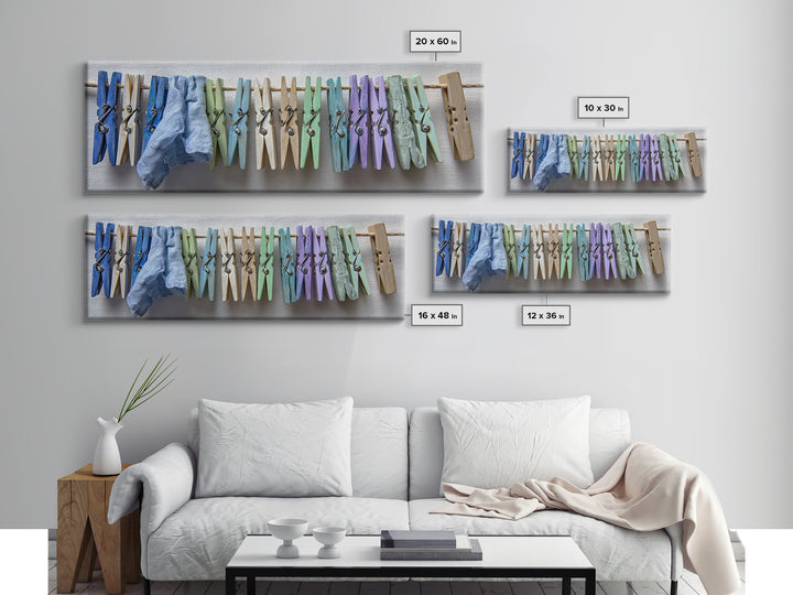 Cheerful Clothespins Arranged as Pattern Framed Canvas Print, Laundry Room Art, Neutral Decor, Living Room Decor, Clean, LRA-3x1-44