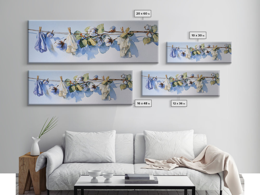 Fresh Cotton Branch Botanical Study Framed Canvas Print, Laundry Room Art, Digital Art, Living Room Decor, Fine Art, Clean, LRA-3x1-47