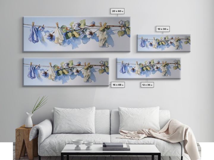 Fresh Cotton Branch Botanical Study Framed Canvas Print, Laundry Room Art, Digital Art, Living Room Decor, Fine Art, Clean, LRA-3x1-47