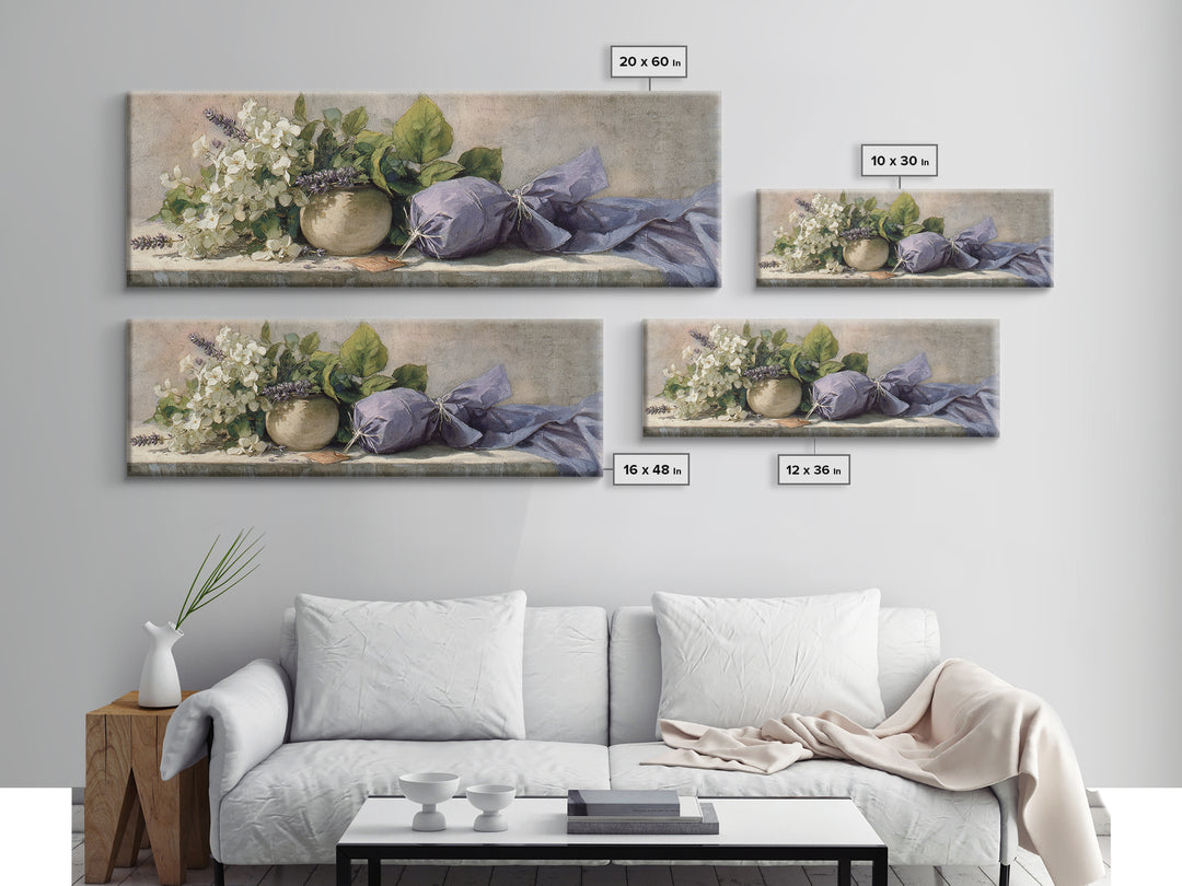 Lavender Sachet and Ribbon Still Life Framed Canvas Print, Laundry Room Art, Farmhouse Wall Art, Living Room Decor, Clean, LRA-3x1-57