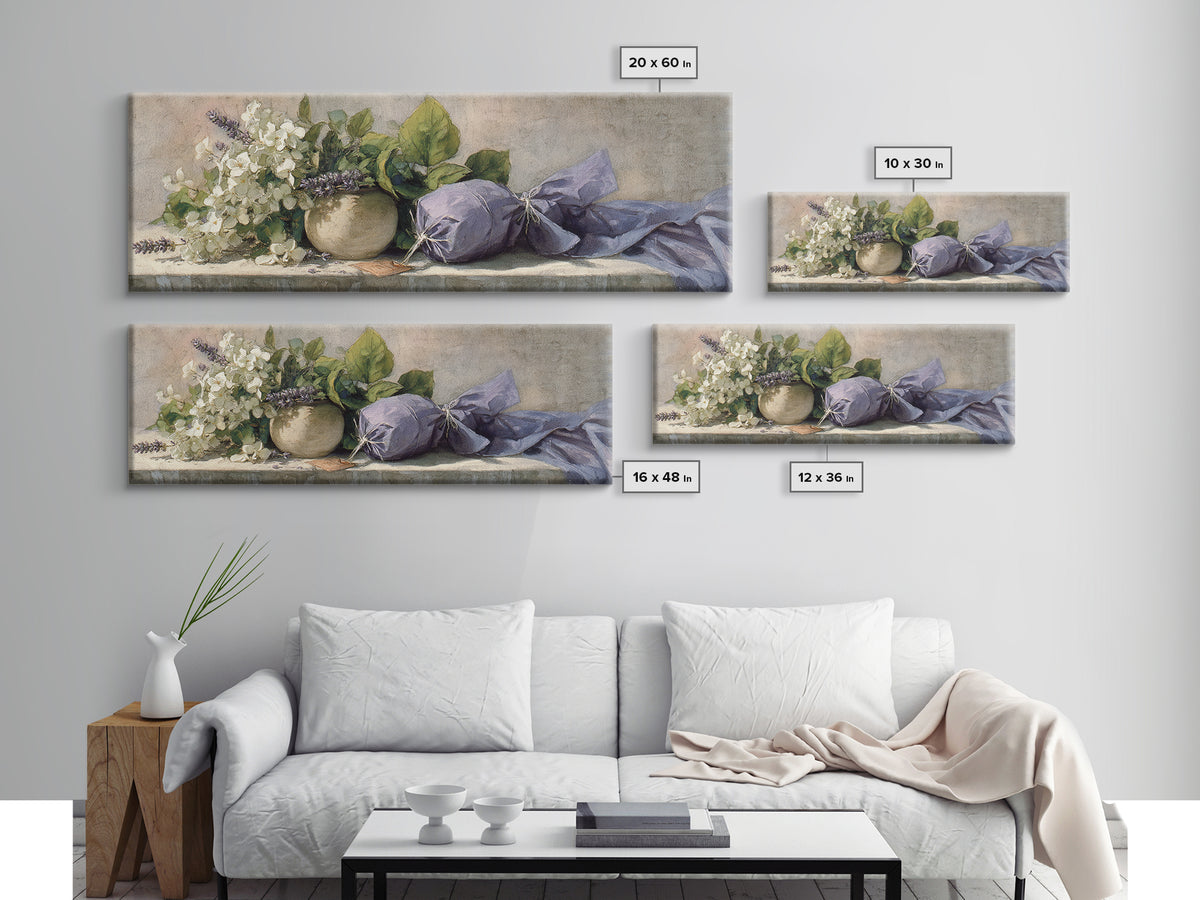 Lavender Sachet and Ribbon Still Life Framed Canvas Print, Laundry Room Art, Farmhouse Wall Art, Living Room Decor, Clean, LRA-3x1-57