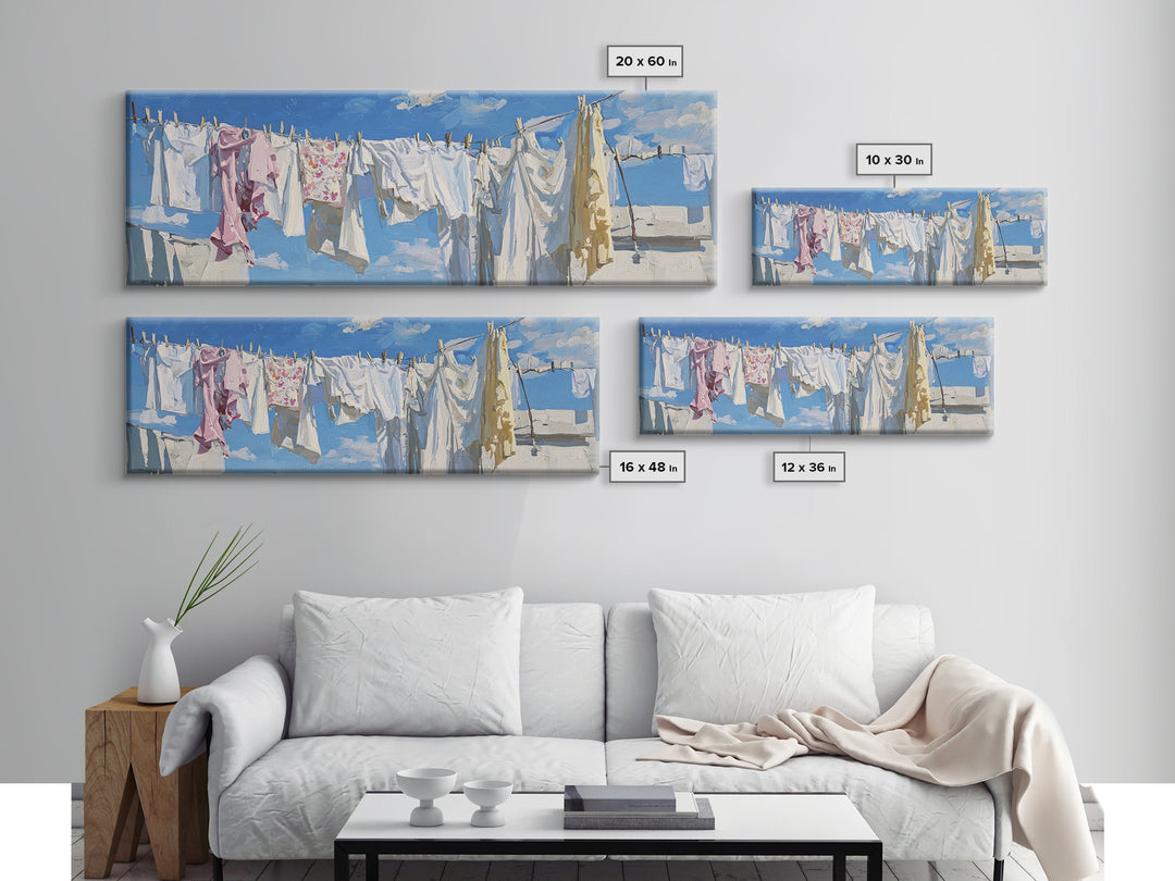 Clothesline with White Linens Blowing in Sunshine Canvas Print, Laundry Room Art, Downloadable Art, Living Room Decor, Clean, LRA-3x1-65
