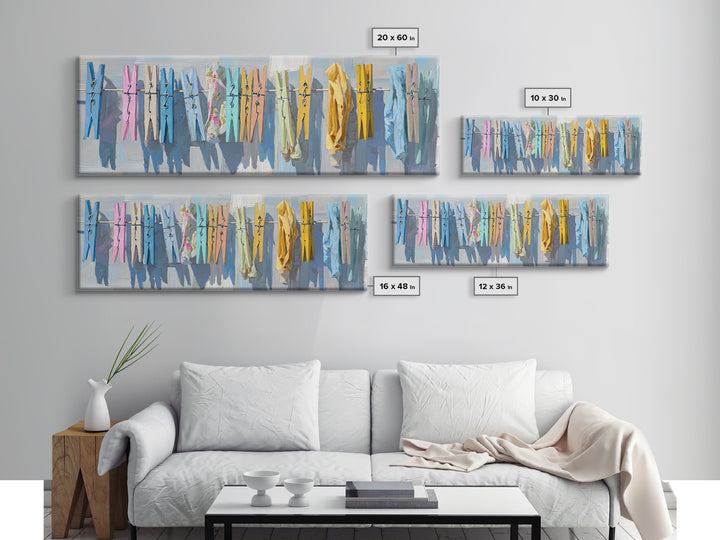 Cheerful Clothespins Arranged as Pattern Canvas Print, Laundry Room Art, Living Room Decor, Clean, Minimalist Wall Art, LRA-3x1-68