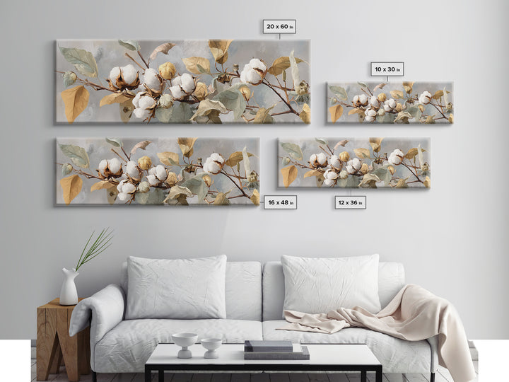 Fresh Cotton Branch Botanical Study Canvas Print, Laundry Room Art, Textured Painting, Living Room Decor, Fine Art, Clean, LRA-3x1-95