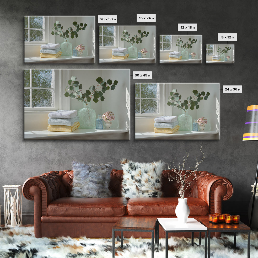 Sunlit White Towels and Eucalyptus Branch Framed Canvas Print, Laundry Room Art, New Home Gift, Living Room Decor, LRA-3x2-15