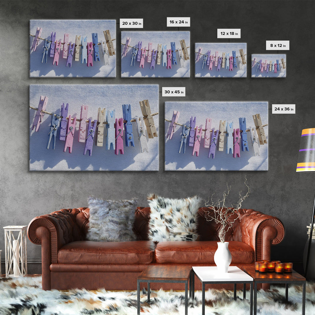 Cheerful Clothespins Arranged as Pattern Canvas Print, Laundry Room Art, Farmhouse Wall Decor, Living Room Decor, Clean, LRA-3x2-32