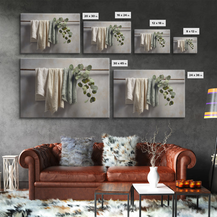Sunlit White Towels and Eucalyptus Branch Framed Canvas Print, Laundry Room Art, Neutral Decor, Living Room Decor, LRA-3x2-39