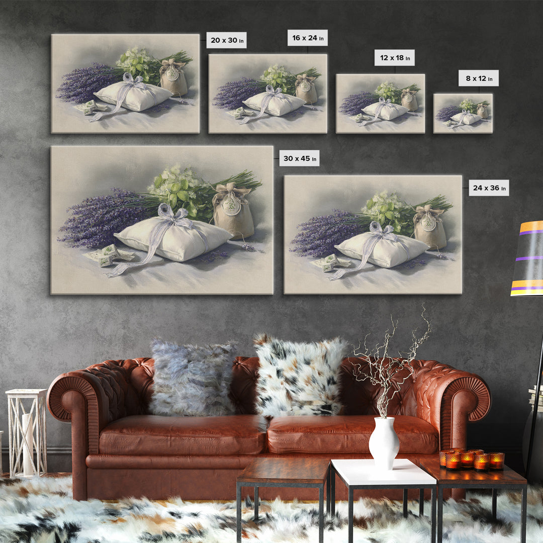 Lavender Sachet and Ribbon Still Life Framed Canvas Print, Laundry Room Art, Downloadable Art, Living Room Decor, Clean, LRA-3x2-45