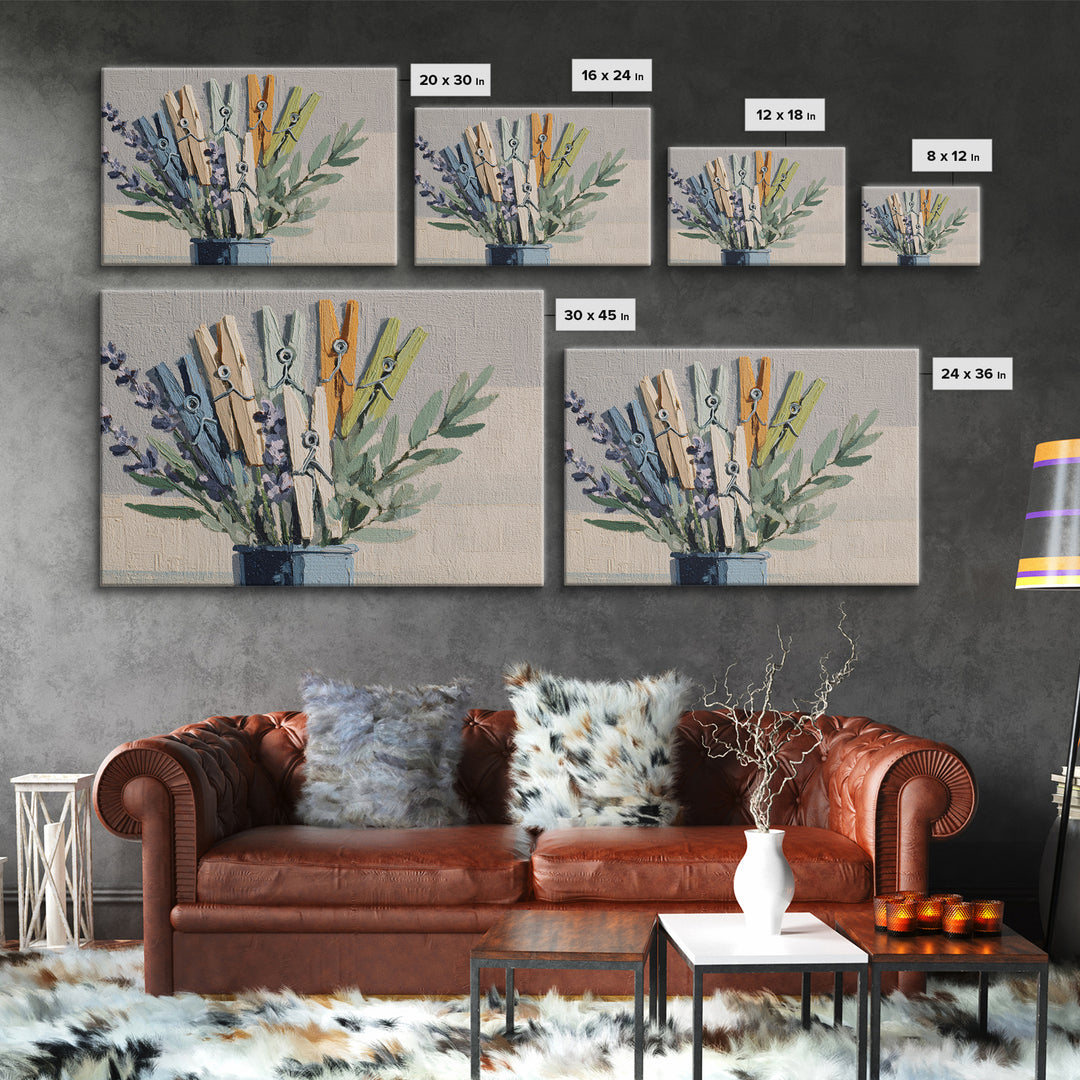 Clothespin Bouquet in Folk Art Style Canvas Print, Laundry Room Art, Farmhouse Wall Art, Living Room Decor, Fine Art, Clean, LRA-3x2-48