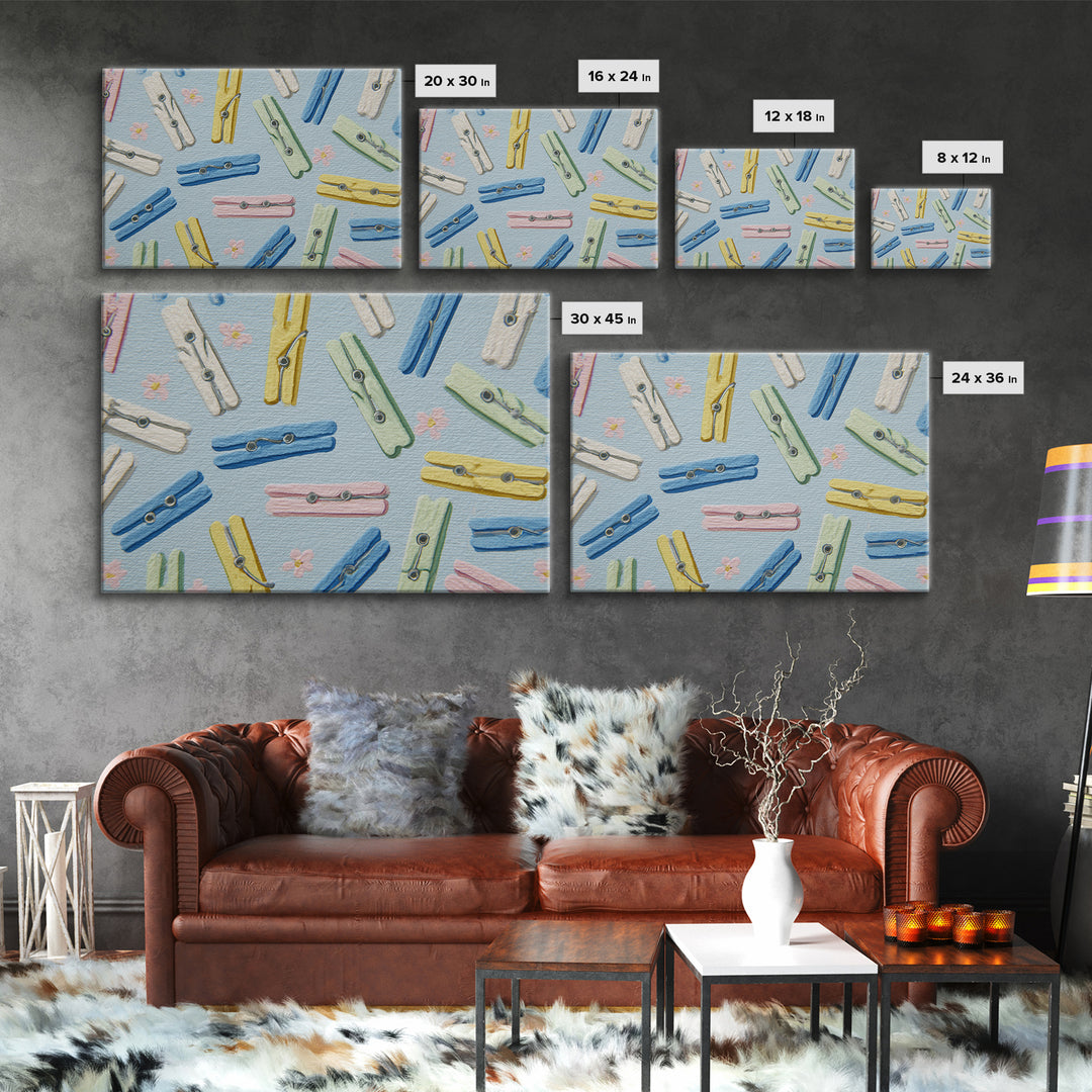 Cheerful Clothespins Arranged as Pattern Canvas Print, Laundry Room Art, Digital Art Print, Living Room Decor, Fine Art, Clean, LRA-3x2-56
