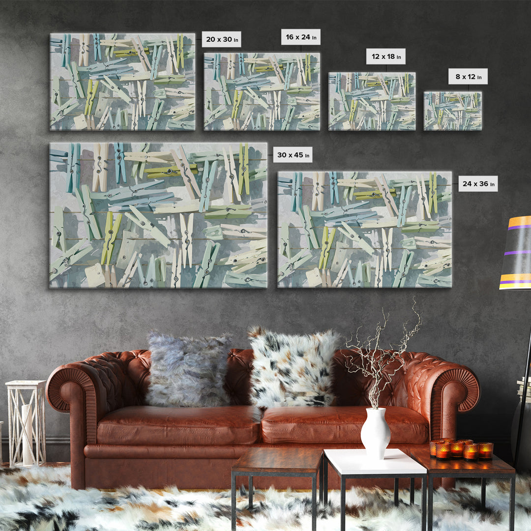 Cheerful Clothespins Arranged as Pattern Framed Canvas Print, Laundry Room Art, Farmhouse Decor, Living Room Decor, LRA-3x2-8