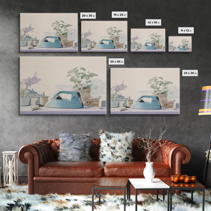 Retro Iron Illustration Framed Canvas Print, Laundry Room Art, Rustic Home Decor, Living Room Decor, Fine Art, Clean, LRA-3x2-85