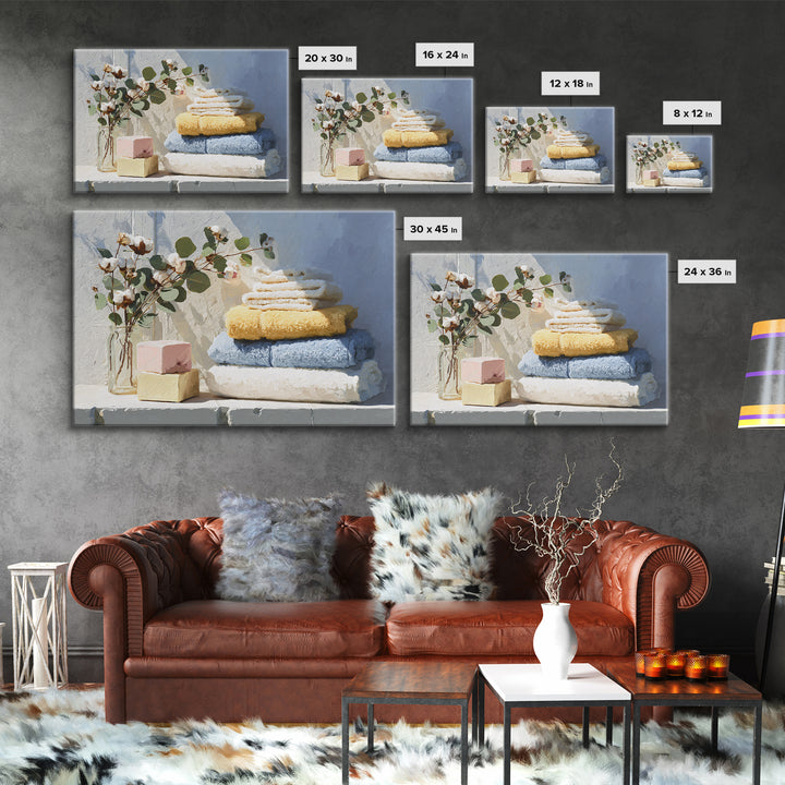 Sunlit White Towels and Eucalyptus Branch Framed Canvas Print, Laundry Room Art, Fine Art Print, Living Room Decor, Clean, LRA-3x2-87