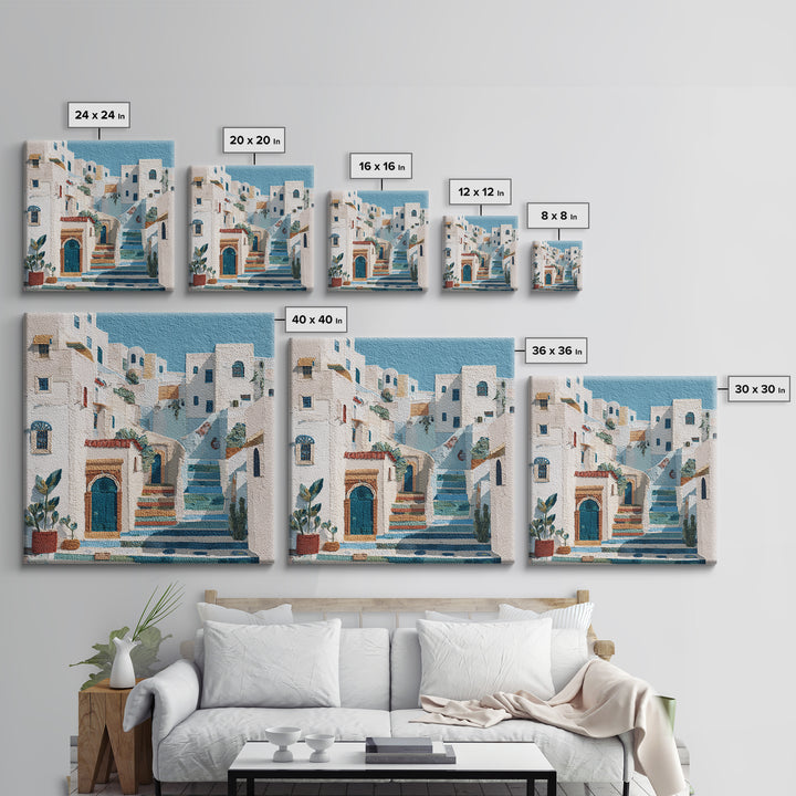 Greek Island White Buildings Above Blue Sea Framed Canvas Print, Mediterranean Art, Beach Wall Art, Living Room Decor, Azure, MAR-1x1-1