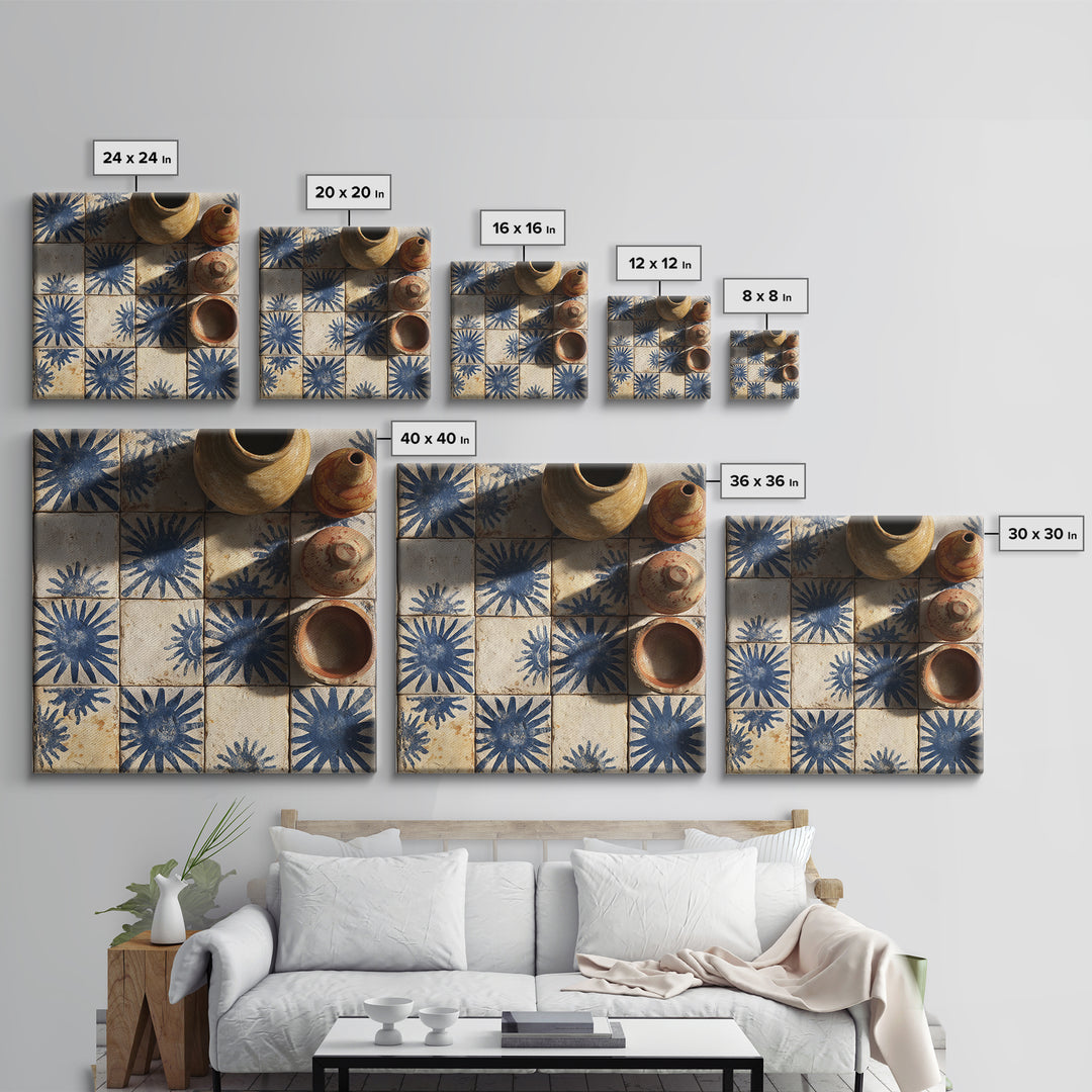 Blue and White Tile Pattern Framed Canvas Print, Mediterranean Art, Travel Poster, Living Room Decor, Watercolor Art, Azure, MAR-1x1-100