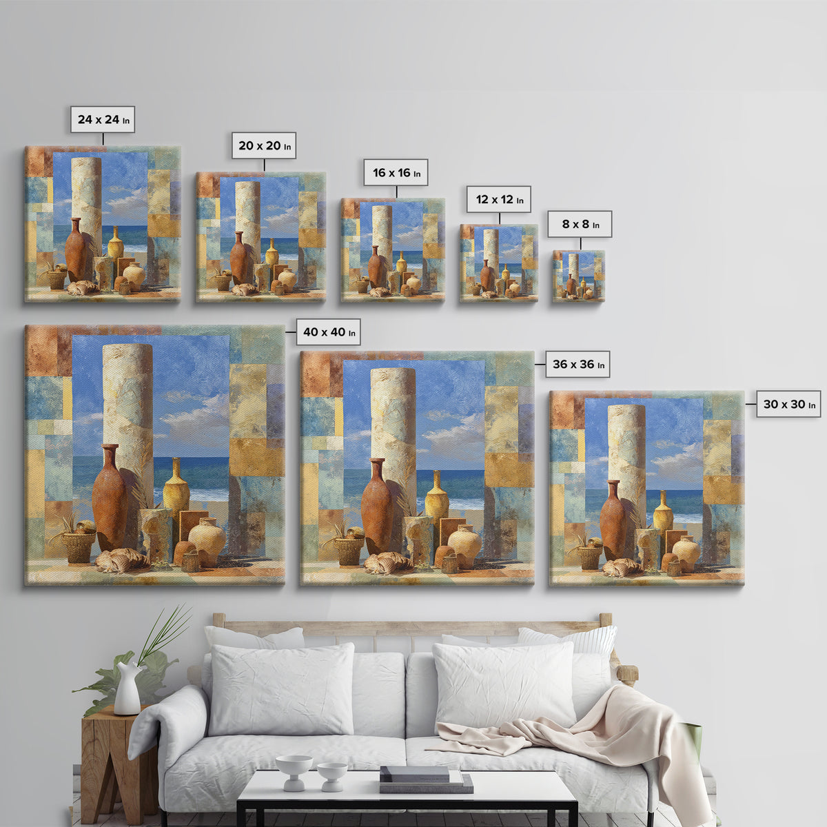 Ancient Column with Sea and Sky Beyond Framed Canvas Print, Mediterranean Art, Oil Painting, Living Room Decor, Fine Art, Azure, MAR-1x1-12