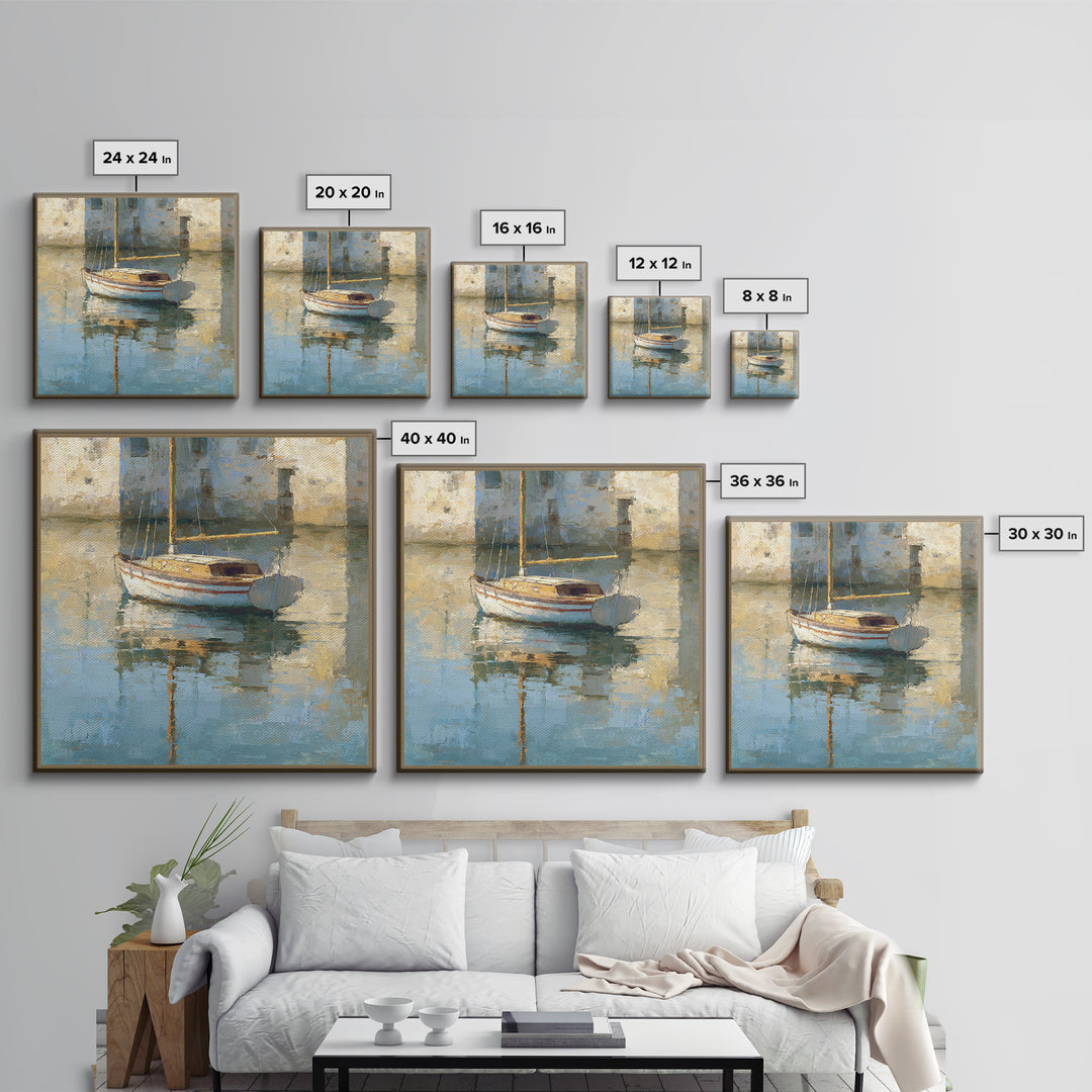 Mediterranean Sailboat on Glassy Water Canvas Print, Mediterranean Art, Watercolor Painting, Living Room Decor, Fine Art, Azure, MAR-1x1-18