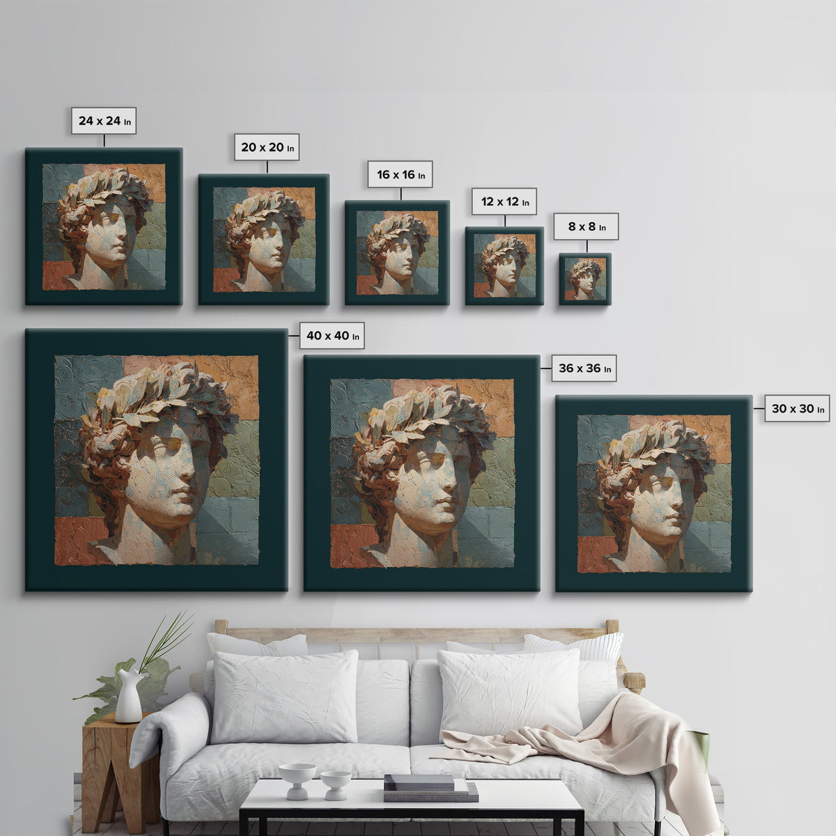 Roman Statue Bust Canvas Print, Mediterranean Art, Modern Wall Art, Living Room Decor, Oil Painting, Azure, Downloadable Art, MAR-1x1-22
