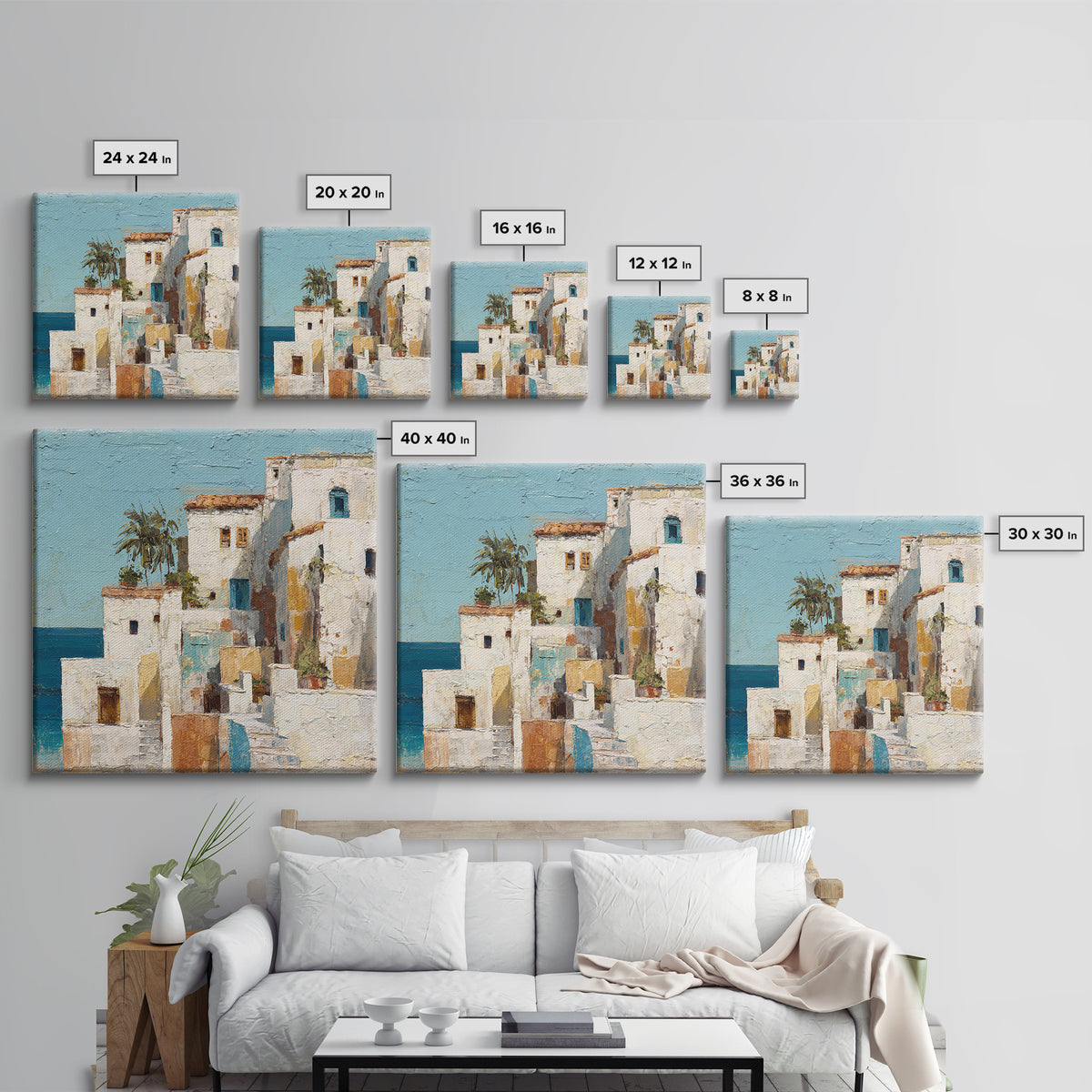 Greek Island White Buildings Above Blue Sea Canvas Print, Mediterranean Art, Beach Prints, Living Room Decor, Fine Art, Azure, MAR-1x1-25