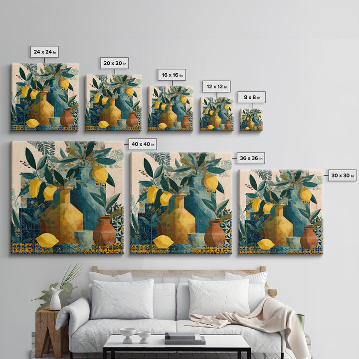 Olive Branch and Lemons on Terracotta Ground Canvas Print, Mediterranean Art, Minimalist Wall Art, Living Room Decor, Azure, MAR-1x1-26