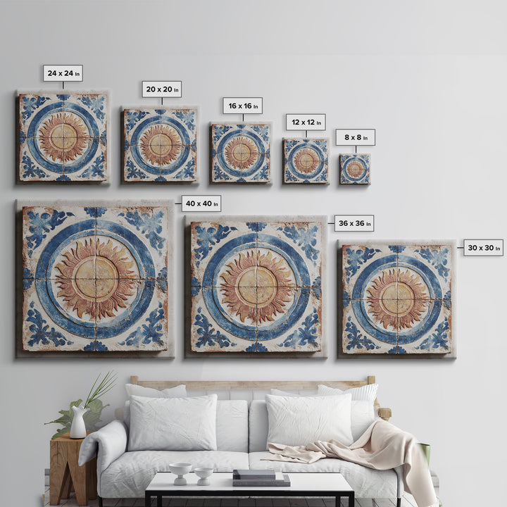 Blue and White Tile Pattern Framed Canvas Print, Mediterranean Art, Digital Print, Living Room Decor, Oil Painting, Azure, MAR-1x1-28
