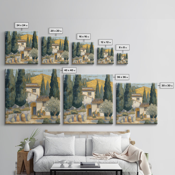 Tuscan Cypress Trees and Golden Hillside Canvas Print, Mediterranean Art, Beach Wall Art, Living Room Decor, Oil Painting, MAR-1x1-30